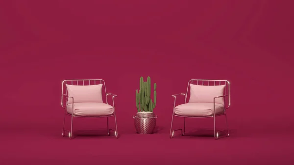 Minimal Σκούρο Ροζ Σκηνή Εξωτερική Καρέκλα Κάκτο Ποτ Viva Magenta — Φωτογραφία Αρχείου