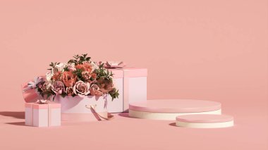 3 boyutlu podyum, gül çiçekli pastel pembe arkaplan. Hediyeler ve palmiye yaprağı gölgesi. Kadınlar Günü, Anneler Günü, kozmetik ürünler için minimum kaide. Valentine, kadınsı kopyalama alanı şablonu 3d oluşturma