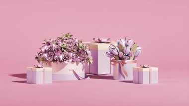 3 boyutlu podyum, gül çiçekli pastel pembe arkaplan. Hediyeler ve palmiye yaprağı gölgesi. Kadınlar Günü, Anneler Günü, kozmetik ürünler için minimum kaide. Valentine, kadınsı kopyalama alanı şablonu 3d oluşturma