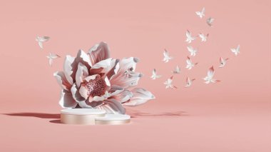 Pembe pastel arka planda bahar çiçekleri. Kadınlar Günü ya da Anneler Günü ya da Bahar Satışı Bayrağı. Güzellik için minimum kaide, kozmetik ürün. Valentine, kadınsı kopyalama alanı şablonu 3d oluşturma