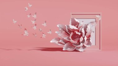 Pembe pastel arka planda bahar çiçekleri. Kadınlar Günü ya da Anneler Günü ya da Bahar Satışı Bayrağı. Güzellik için minimum kaide, kozmetik ürün. Valentine, kadınsı kopyalama alanı şablonu 3d oluşturma