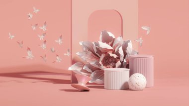 Pembe pastel arka planda bahar çiçekleri. Kadınlar Günü ya da Anneler Günü ya da Bahar Satışı Bayrağı. Güzellik için minimum kaide, kozmetik ürün. Valentine, kadınsı kopyalama alanı şablonu 3d oluşturma