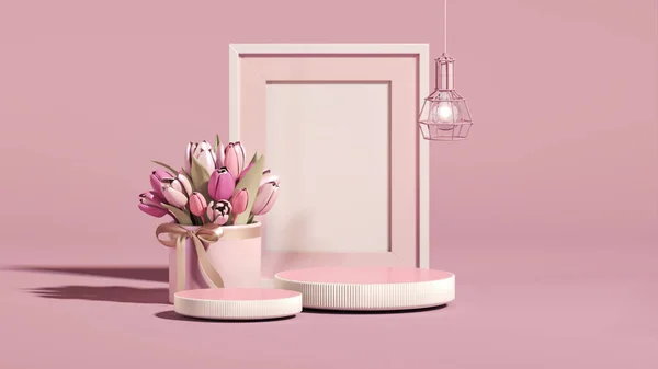 stock image 3D podium display, pastel background with tulip flowers. Frame and light bulb. Minimal pedestal for beauty, cosmetic product. Valentine, feminine, women day, mother day. 3d render