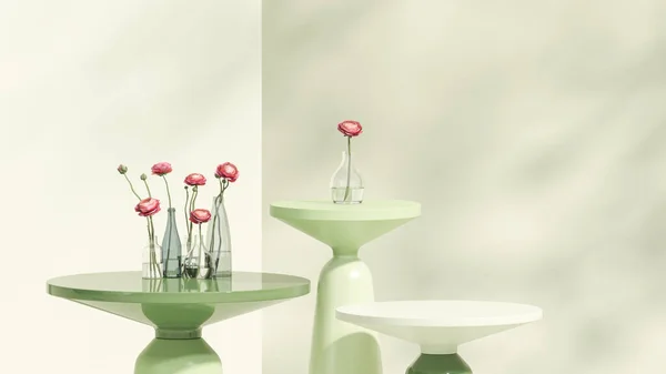 Affichage Podium Fond Vert Pastel Avec Des Fleurs Roses Fleur — Photo