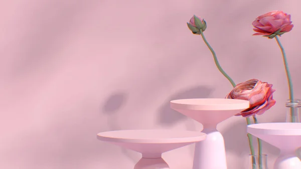 Επίδειξη Βάθρου Παστέλ Πράσινο Φόντο Τριαντάφυλλο Λουλούδια Ροζ Λουλούδι Και — Φωτογραφία Αρχείου