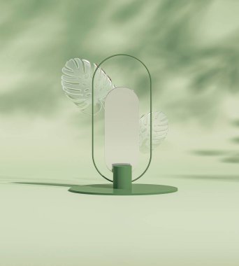 Monstera deliciosa ve buzlu cam fotokopi alanı ile 3 boyutlu podyum gösterisi. Minimum pastel arka planda kaidesi, yeşil bitki yaprakları var. Moda doğal ürün tanıtım afişi. Basit tropikal 3d canlandırma