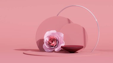 İki podyum ve palmiye gölgesi, soyut arka plan. Pastel mavi ve pembe renkler. Sosyal medya afişleri, tanıtım ve kozmetik ürünler için 3D moda. Geometrik şekiller dahili veya 3D biçimlendirici