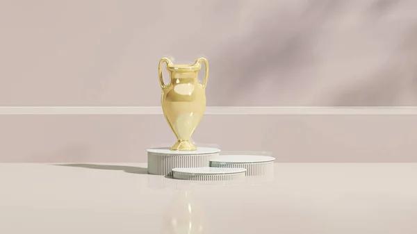 Winners podium with cups, gold winners. First and second and third places winning prizes on ceremony pedestal. 3d render
