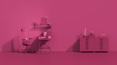 Viva magenta, 2023 çalışma alanı ve asgari ofis masası modelidir. Çalışma masası için fikir, kadınsı. Pembe arka plan. 3d oluşturma