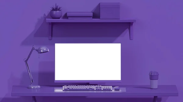 Fialová Monochromatický Minimální Kancelářský Stůl Stůl Koncepce Pro Studijní Stůl — Stock fotografie