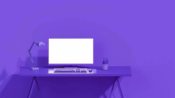 Фіолетовий Монохромний Мінімальний Офісний Стіл Концепція Навчального Столу Робочого Простору — стокове фото