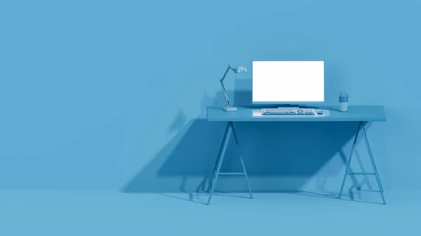 蓝色单色最小的写字台 带屏幕桌面的学习台和工作空间的概念 平铺风格 模拟模版 3D渲染 — 图库照片