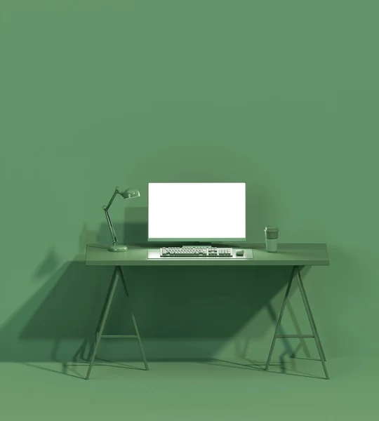 绿色单色最小的写字台 带屏幕桌面的学习台和工作空间的概念 平铺风格 模拟模版 3D渲染 — 图库照片