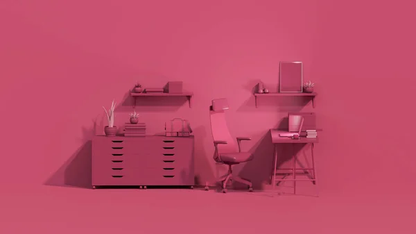Viva Magentaは2023年のワークスペースのトレンドカラーであり 最小限のオフィステーブルデスクです 勉強机のためのアイデアの概念 ピンクの赤い背景 3Dレンダリング — ストック写真