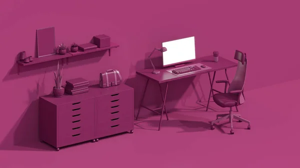 弧形洋红色是2023年的流行色彩工作空间 最小的写字台 工作台的概念 粉红色的红色背景 3D渲染 — 图库照片