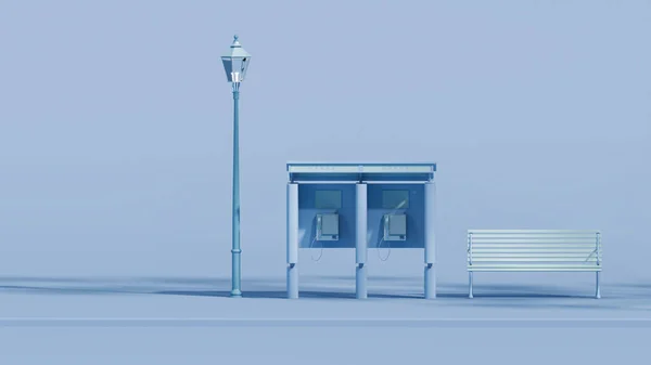 市内バスの停留所と公園のベンチヴィンテージとストリートライトプレーンモノクロームのパステルパープルの色で コピースペース付きの明るい背景 ウェブページ プレゼンテーション または画像フレームの背景の3Dレンダリング — ストック写真
