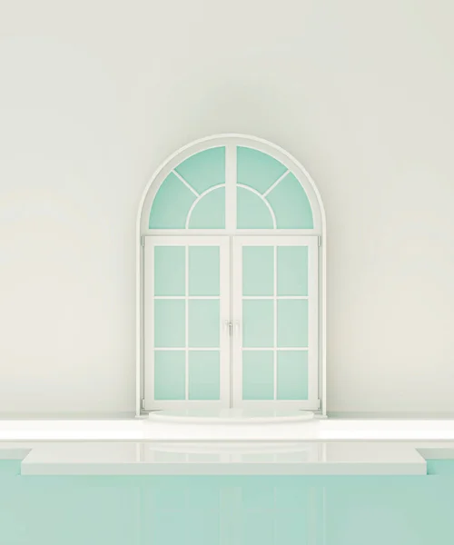 Bílé Dveře Okno Rostlinný Koncept Obyčejné Monochromatické Pastelové Modré Barvě — Stock fotografie