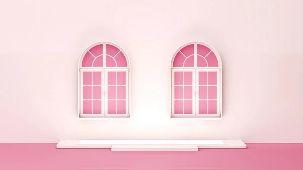 Білі Двері Вікно Концепція Рослин Простому Монохромному Пастельно Рожевому Кольорі — стокове фото