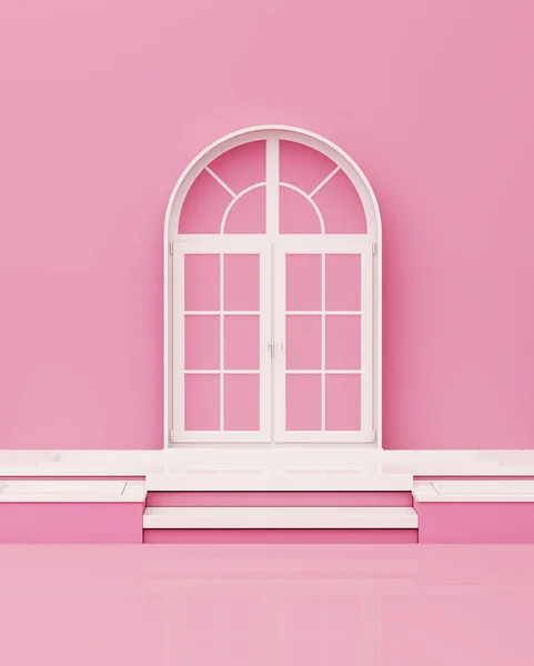 Λευκή Πόρτα Παράθυρο Και Φυτό Έννοια Απλό Μονόχρωμο Παστέλ Ροζ — Φωτογραφία Αρχείου