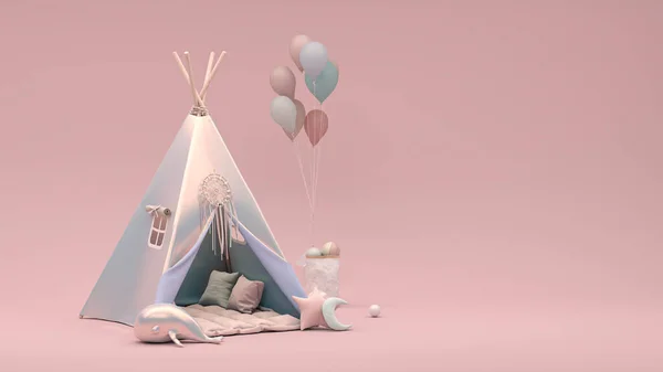 stock image Tent camping with colorful balloons for kid on pastel pink purple background. Glamping, camping, and indoor outdoor relaxation activities. 3d render