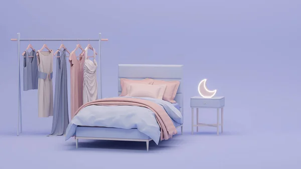 stock image Blue Bed on purple pink background, Clothes hanging on a rack.Creative composition. Light background with copy space. 3D render for web page, presentation, studio, room fashion