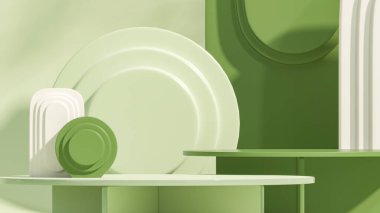 Kemerli podyum ve soyut arkaplan sahnesi. Beyaz ve yeşil renkli sahneler. Sosyal medya afişleri, tanıtım ve kozmetik ürünler için 3D moda. Geometrik şekiller iç kısımda.
