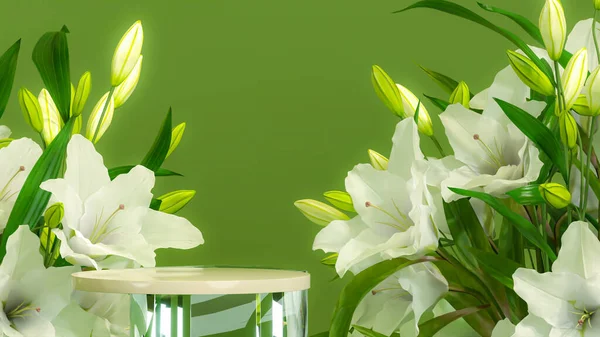 Branche Fleurs Lis Blancs Avec Podium Socle Minimal Pour Beauté — Photo