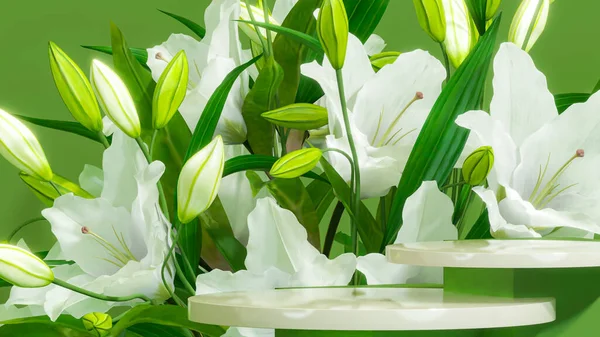 Branche Fleurs Lis Blancs Avec Podium Socle Minimal Pour Beauté — Photo
