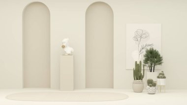 3 boyutlu arka plan, bej kemerli podyum. Moda, minimal stüdyo afişi. Yunan, Roma tanrıçası. Beyaz arka planda büst heykeli. Doğa kadınsı güzellik soyut üç boyutlu canlandırma.