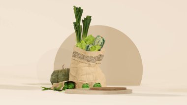 Market teslimatı konsepti. Bir torba taze meyve. Sebze ve meyve dolu alışveriş torbası, bej beyaz arka planda ahşap podyum. 3d hazırlayıcı