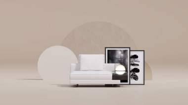 Kol sandalyesi beyaz bej ve gri arka planda. Yaratıcı kompozisyon. Kopyalama alanı olan ışık arkaplanı. Web sayfası, sunum, stüdyo, mağaza modası için 3B hazırlama