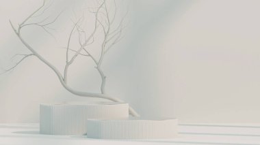 Beyaz ağaçlı, minimum beyaz ekran podyumu, beyaz arka planda klasik çerçeve. Ürün reklamları için 3 boyutlu gerçekçi sunum. en küçük illüstrasyon. 