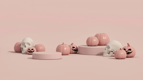 Zucche Rosa Teschio Minimale Autunno Halloween Sfondo Con Spazio Copia — Foto Stock