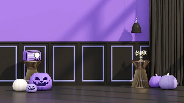 Cadılar Bayramı Tatilinin Boyutlu Canlandırması Oturma Odasında Balkabaklarında Siyah Mor — Stok fotoğraf
