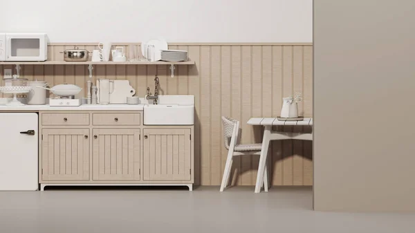 Beige Kitchen Room Minimalist Interior Design Stylish Living Pastel Cream — Stock Photo, Image
