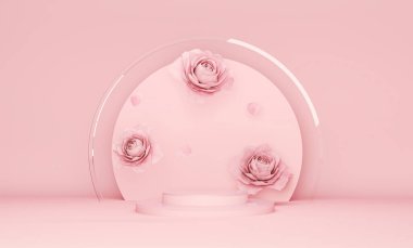 3 boyutlu podyum pastel pembe çiçek arkaplanı. Şakayık ve gül çiçekleri düşüyor. Güzellik, kozmetik ürün sunumu için doğa minumum kaidesi. Valentine, kadınsı kopya alanı şablonu