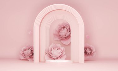 3 boyutlu podyum pastel pembe çiçek arkaplanı. Şakayık ve gül çiçekleri düşüyor. Güzellik, kozmetik ürün sunumu için doğa minumum kaidesi. Valentine, kadınsı kopya alanı şablonu