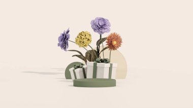 3D podyum, renkli çiçekli pastel pembe arka plan. Şakayık çiçekleri ve palmiye yaprağı gölgesi. Güzellik için minimum kaide, kozmetik ürün. Valentine, kadınsı kopyalama alanı şablonu 3d oluşturma