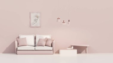 Odanın içi sade, tek renkli, pembe renkli, koltuk ve oda aksesuarlarıyla. Kopyalama alanı olan ışık arkaplanı. Sosyal medya afişleri, promosyon, ürün fuarı için 3D moda hazırlama