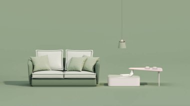 Odanın içi sade, tek renkli pastel, koltuk ve oda aksesuarlarıyla yeşil renkte. Kopyalama alanı olan ışık arkaplanı. Sosyal medya afişleri, promosyon, ürün fuarı için 3D moda hazırlama