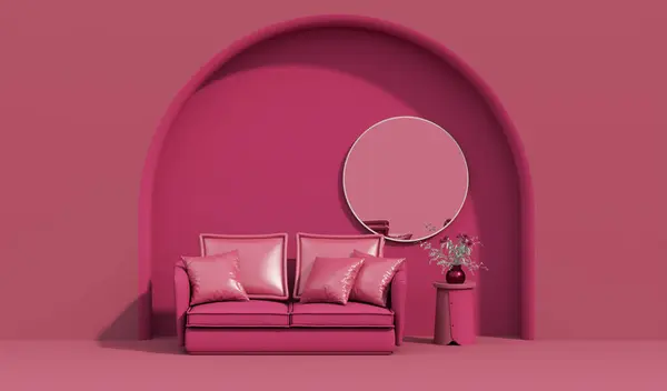 Viva magenta is a trend colour year 2023 in the living room. Interior of the room in plain monochrome dark pink color with furnitures and armchair, flower vase, lamp, mirror. 3d render