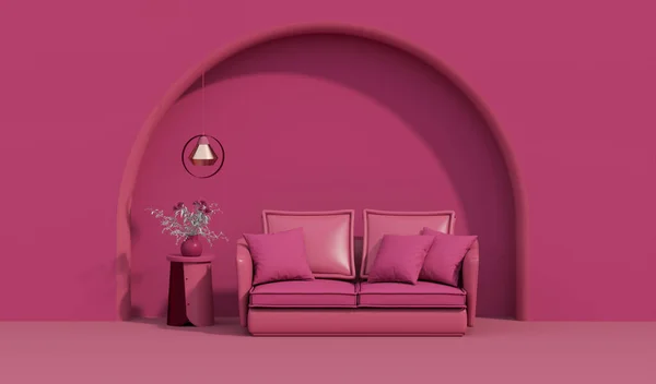 마젠타는 거실에서 2023입니다 가구와 거울을 분홍색 색깔에 렌더링 — 스톡 사진