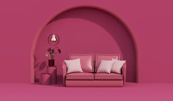 Viva magenta is a trend colour year 2023 in the living room. Interior of the room in plain monochrome dark pink color with furnitures and armchair, flower vase, lamp, mirror. 3d render