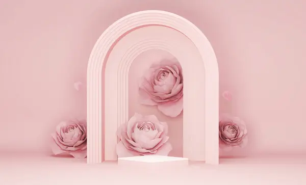 Menampilkan Latar Belakang Bunga Merah Muda Podium Pastel Bunga Peony — Stok Foto