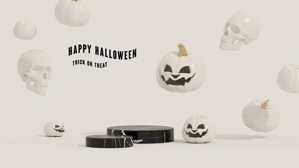 Minimal modern product display on white golden background. White pumpkin and golden podium. Concept scene stage showcase for product. 3d render