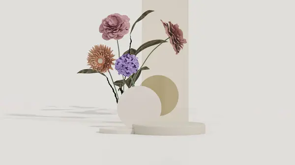 Podium Pastellrosa Hintergrund Mit Bunten Blumen Pfingstrosen Blühen Und Palmblätterschatten — Stockfoto