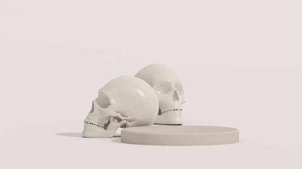 3D rendering for Day of the Dead, Dia de muertos altar concept. Composition of skulls, podium of the dead on white background