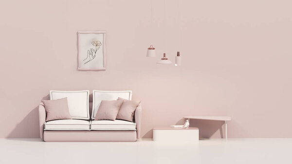 Interior of the room in plain monochrome pastel pink color with armchair and room accessories. Light background with copy space.  Trendy 3d render for social media banners, promotion, product show