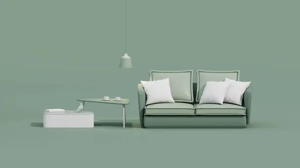Interior of the room in plain monochrome pastel green color with armchair and room accessories. Light background with copy space.  Trendy 3d render for social media banners, promotion, product show