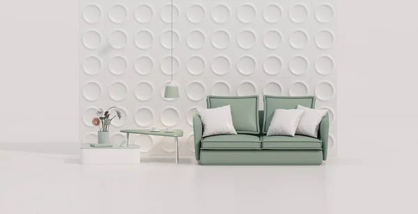 Interior of the room in plain monochrome pastel green color with armchair and room accessories. Light background with copy space.  Trendy 3d render for social media banners, promotion, product show